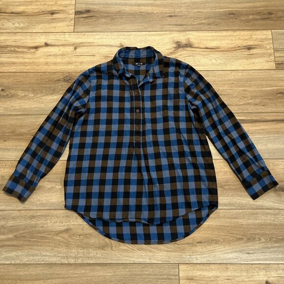 Madewell Flannel Drop-Shoulder Popover Top SZ Medium Blue Brown Check Button - Picture 1 of 12